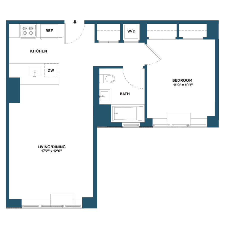 Floor plan for 1 bed, 1 bath, 648 sqft